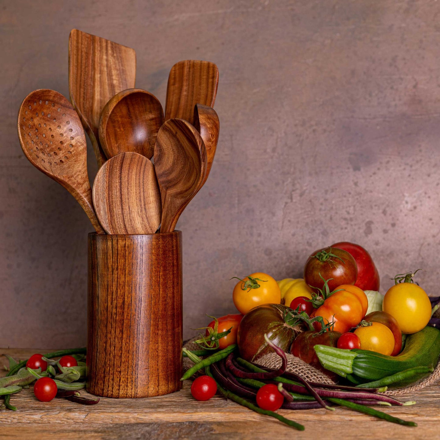 Kitchen Wooden Utensils, Full Set of 7 Kitchen Utensils AvoCrafts 7 Piece Set & Holder