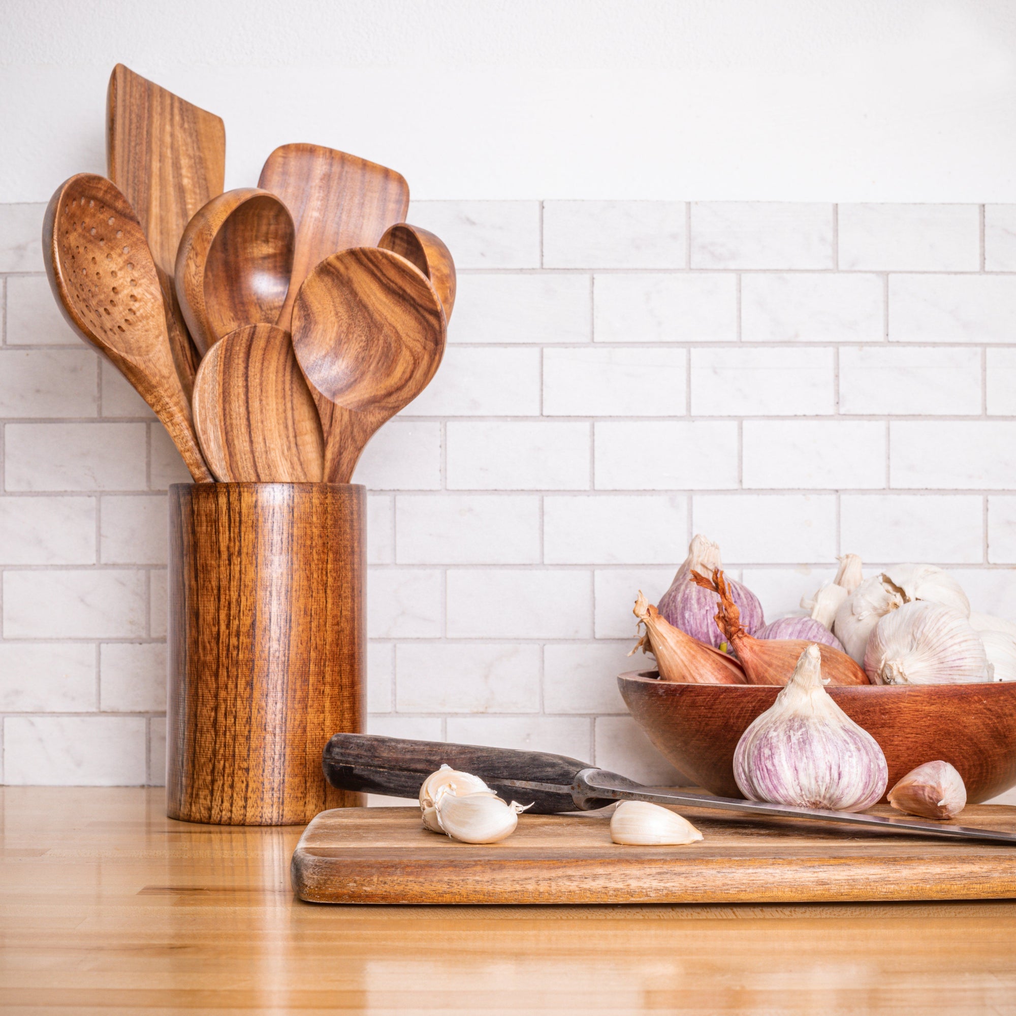 Wooden Kitchen Utensils set With Utensil Holder 9 PCS Teak Wooden